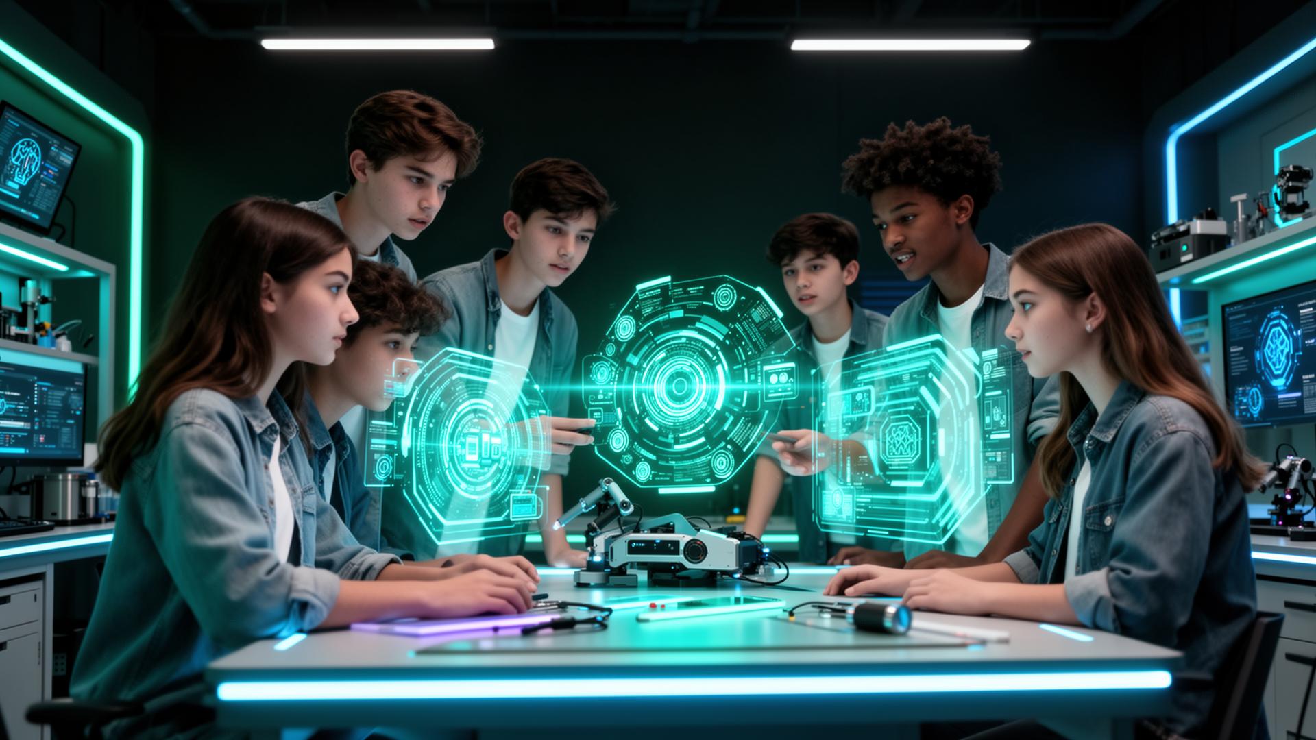 Students collaborating with AI technology
